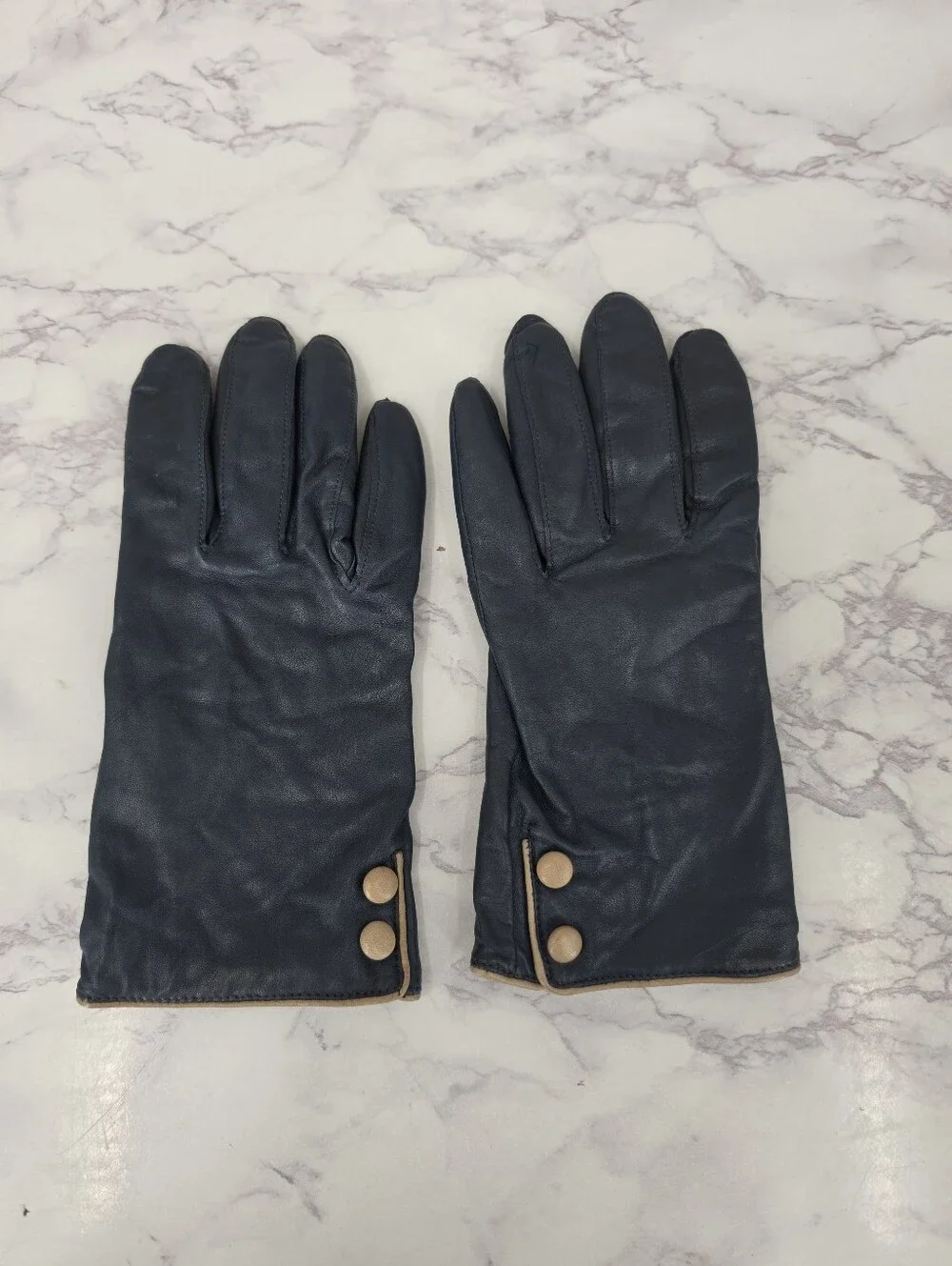Vintage Navy Leather Short Driving Gloves with Taupe Button Detail and Trim